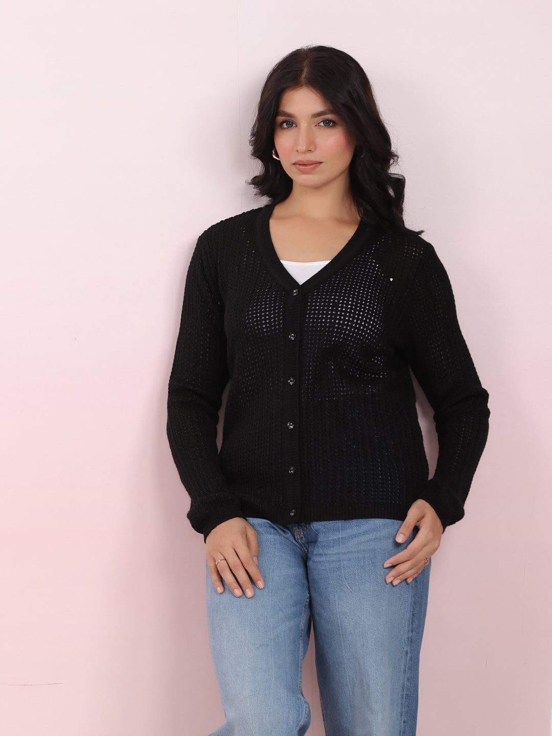 Black Woolen Self Design Winter Cardigan Shrug - By Janasya