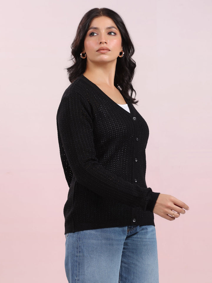 Black Woolen Self Design Winter Cardigan Shrug - By Janasya