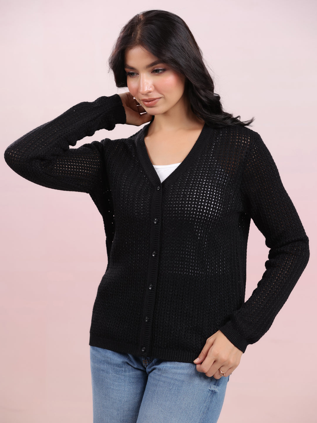 Black Woolen Self Design Winter Cardigan Shrug - By Janasya