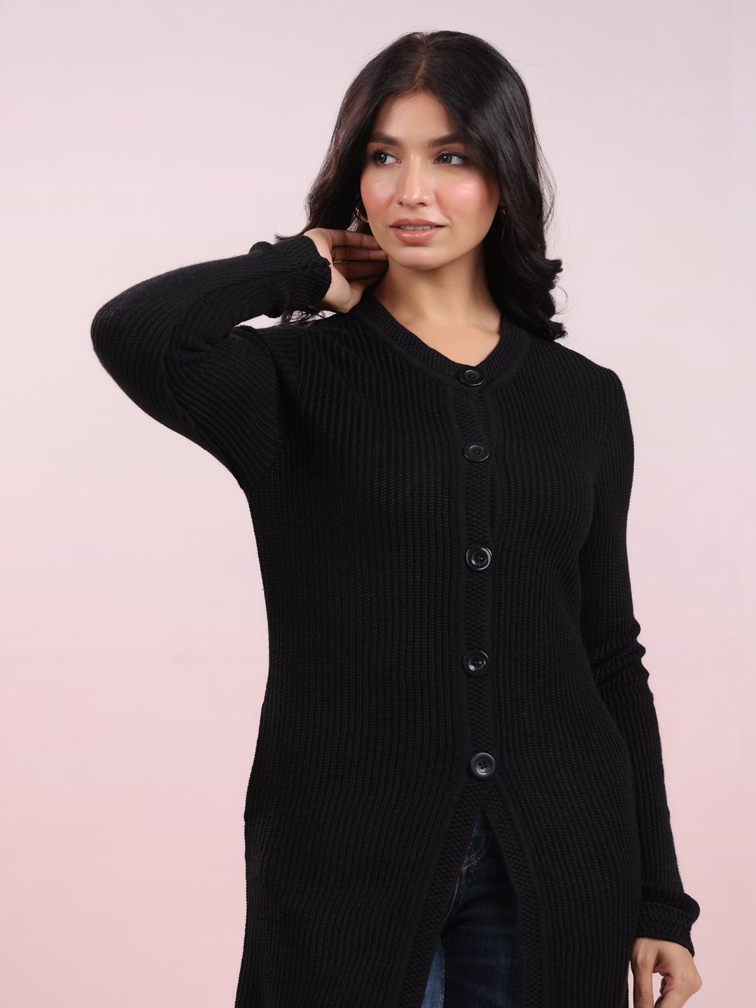 Black Woolen Self Design Winter Shrug - By Janasya