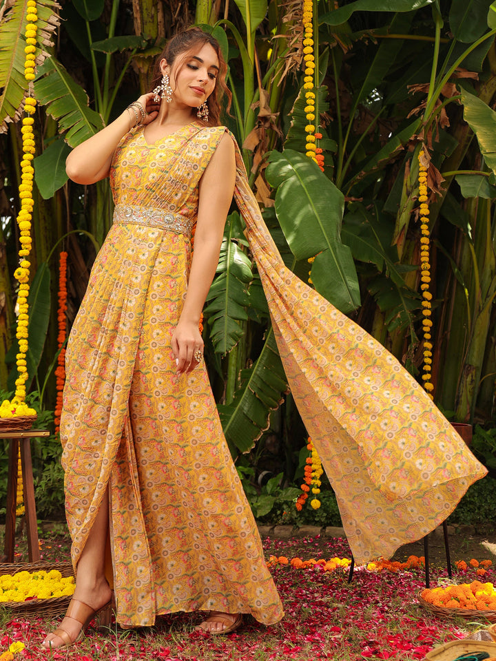 Mustard Georgette Floral Ready To Wear Dress Saree  - By Janasya