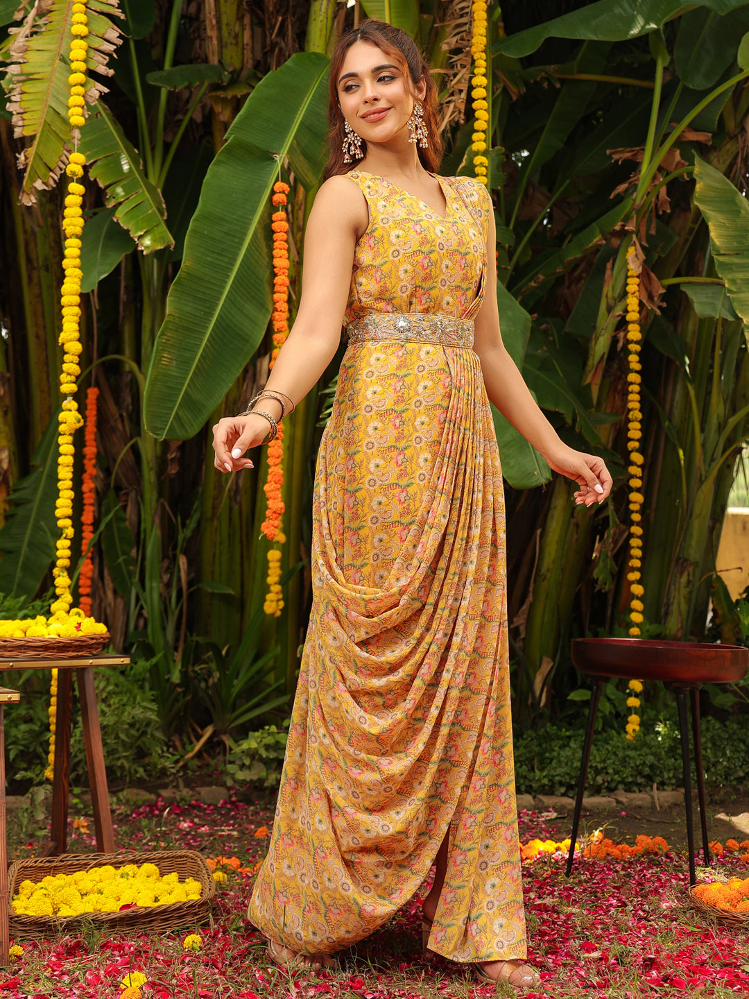 Mustard Georgette Floral Ready To Wear Dress Saree  - By Janasya