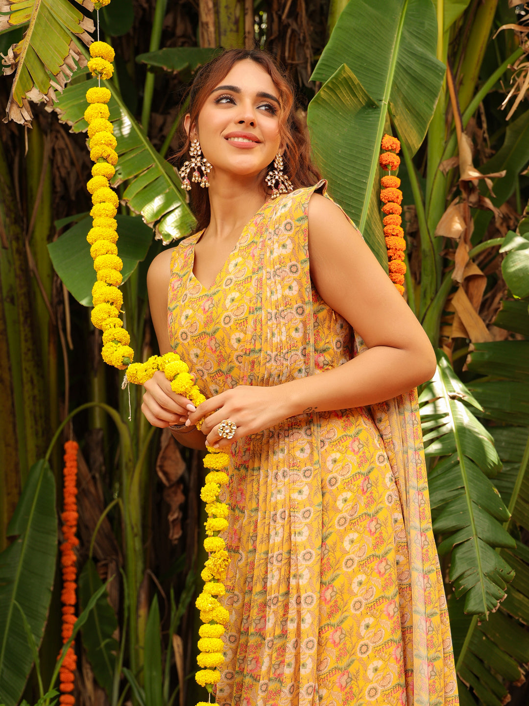 Mustard Georgette Floral Ready To Wear Dress Saree  - By Janasya