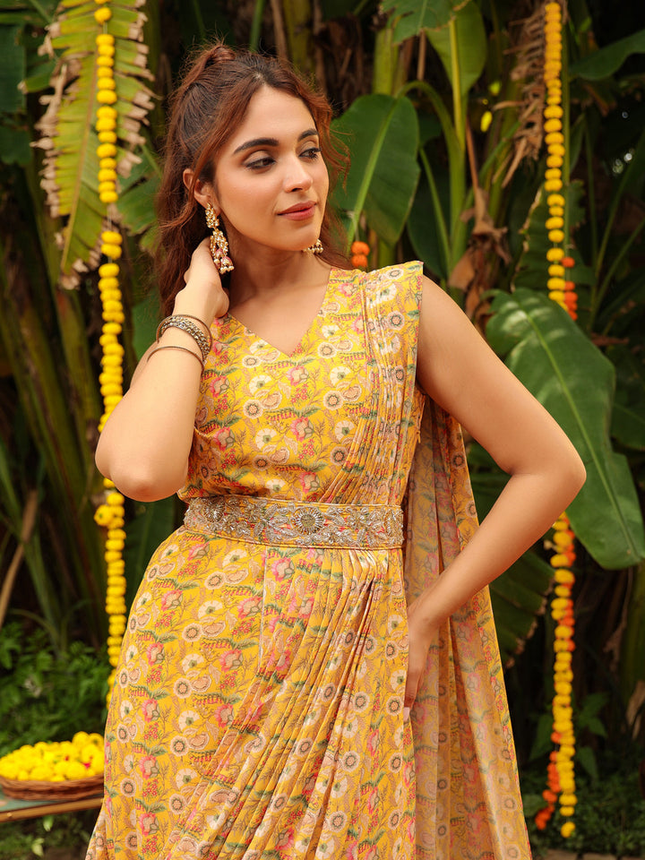 Mustard Georgette Floral Ready To Wear Dress Saree  - By Janasya