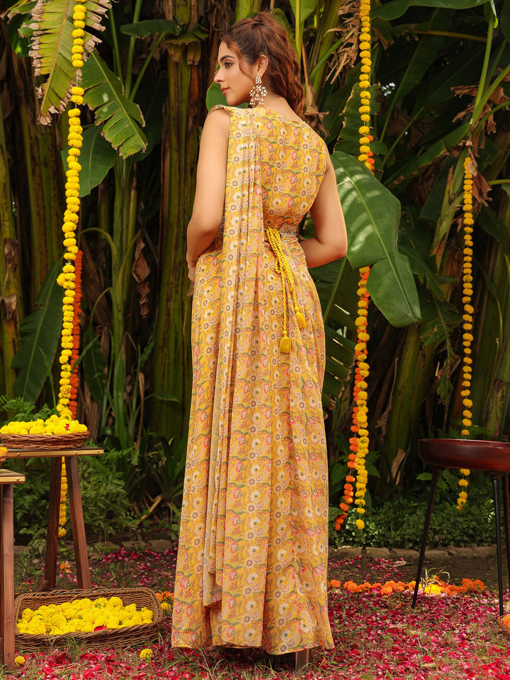 Mustard Georgette Floral Ready To Wear Dress Saree  - By Janasya