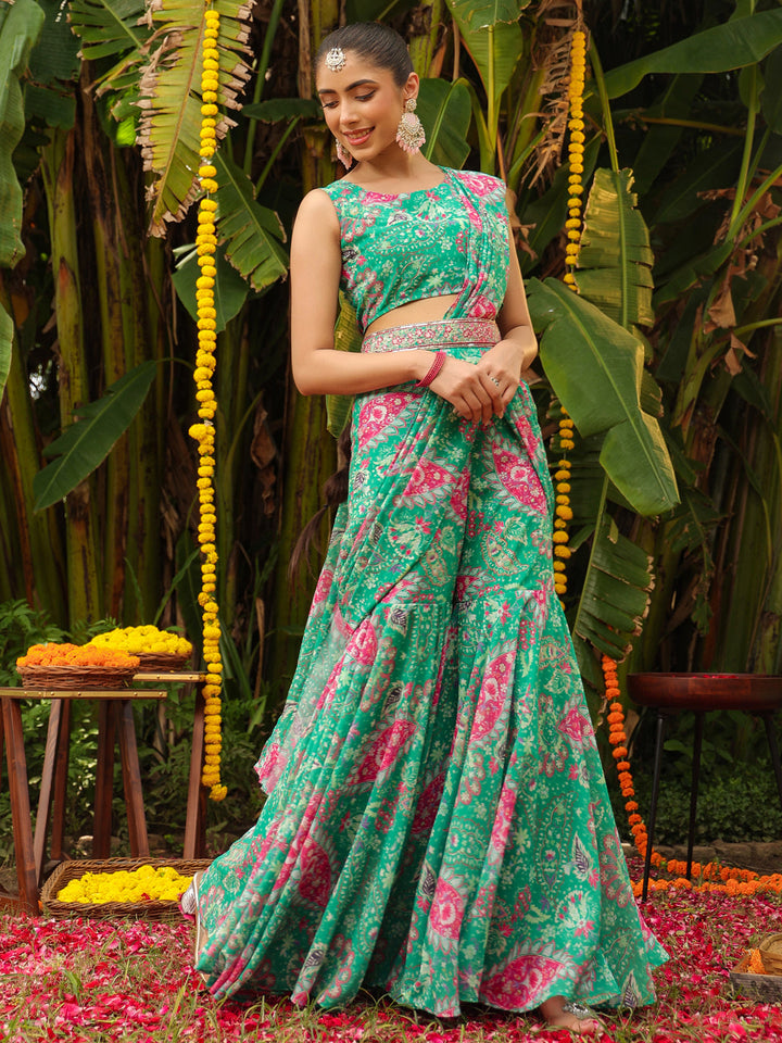 Green Georgette Floral Printed Ready To Wear Sharara Saree  - By Janasya