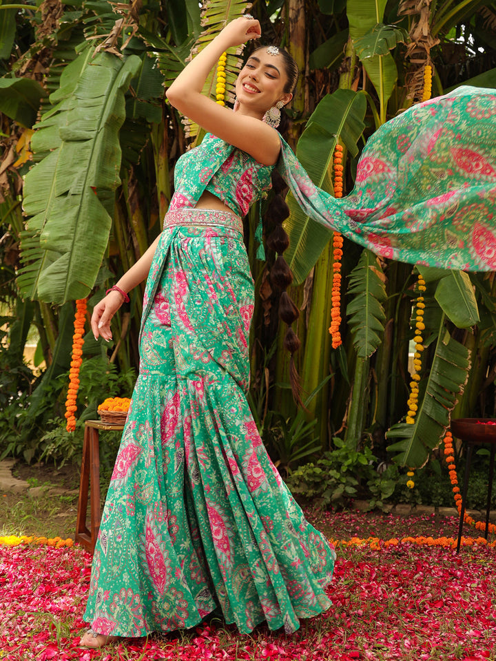 Green Georgette Floral Printed Ready To Wear Sharara Saree  - By Janasya