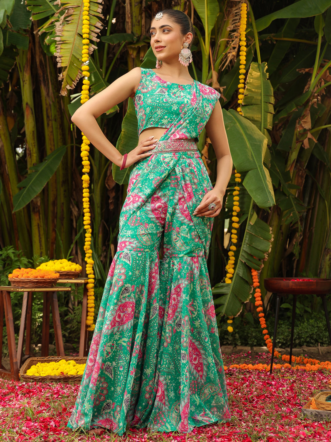 Green Georgette Floral Printed Ready To Wear Sharara Saree  - By Janasya