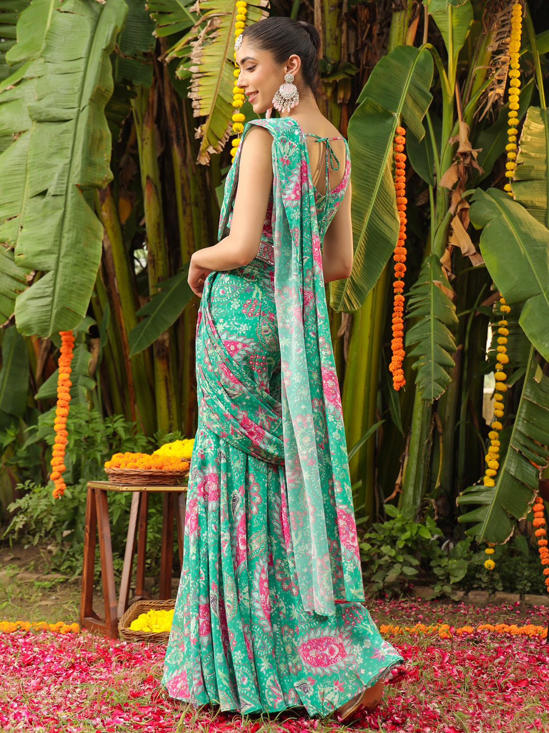 Green Georgette Floral Printed Ready To Wear Sharara Saree  - By Janasya