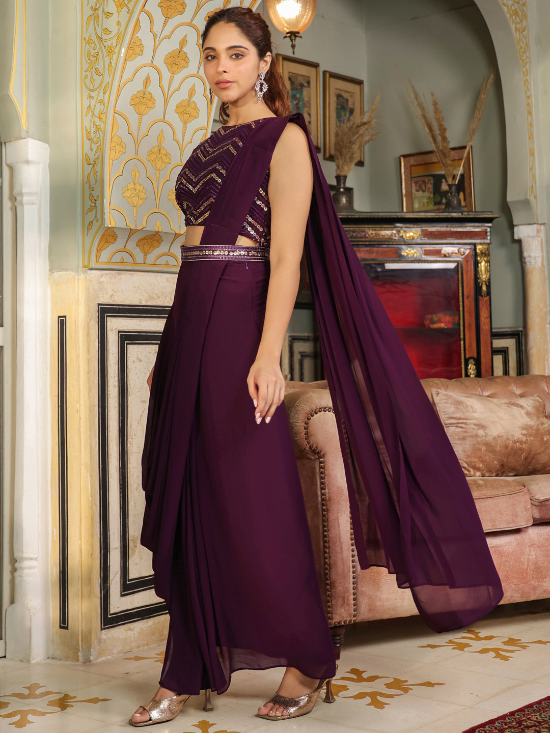 Purple Georgette Sequined Ready To Wear Belted Saree With Blouse  - By Janasya