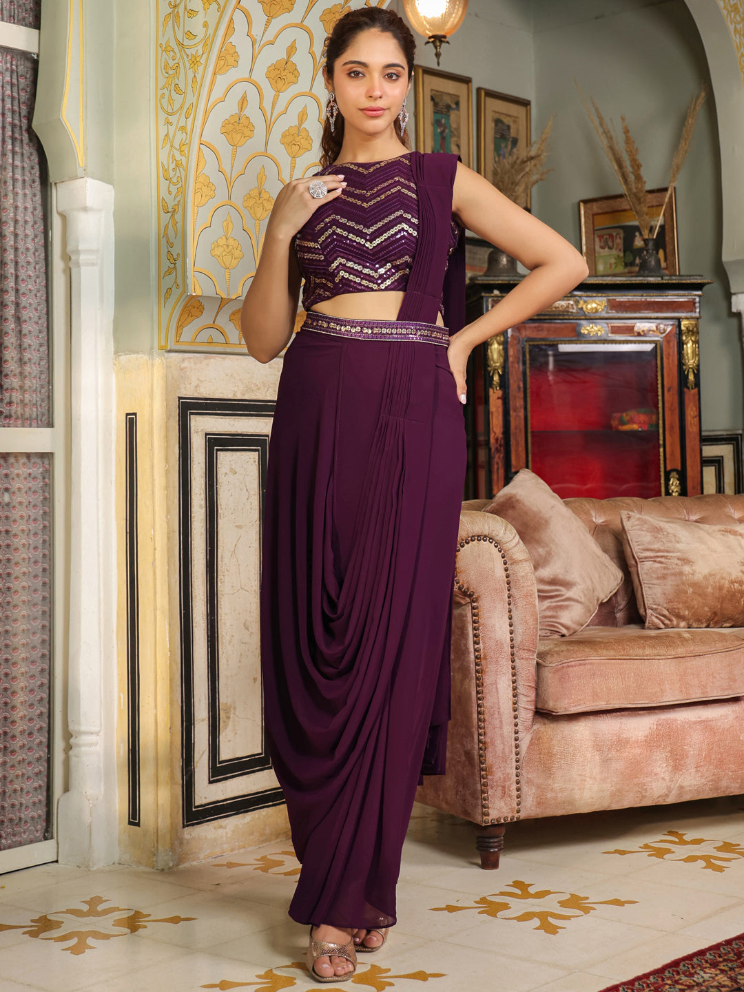 Purple Georgette Sequined Ready To Wear Belted Saree With Blouse  - By Janasya