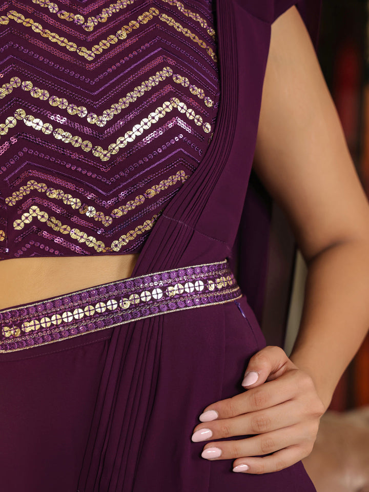 Purple Georgette Sequined Ready To Wear Belted Saree With Blouse  - By Janasya