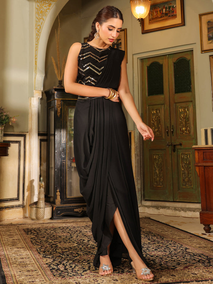 Black Georgette Sequined Ready To Wear Belted Saree With Blouse by Janasya, a stylish and elegant outfit for any occasion