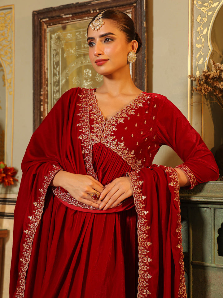 Red Velvet Zari Embroidered A-Line Kurta with Pant & Dupatta Set  - By Janasya