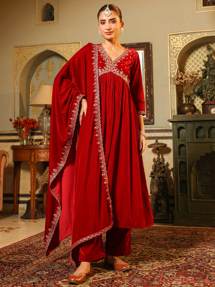 Red Velvet Zari Embroidered A-Line Kurta with Pant & Dupatta Set  - By Janasya