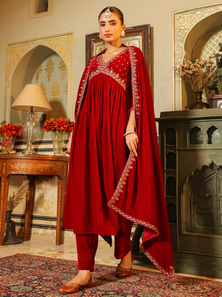 Red Velvet Zari Embroidered A-Line Kurta with Pant & Dupatta Set  - By Janasya