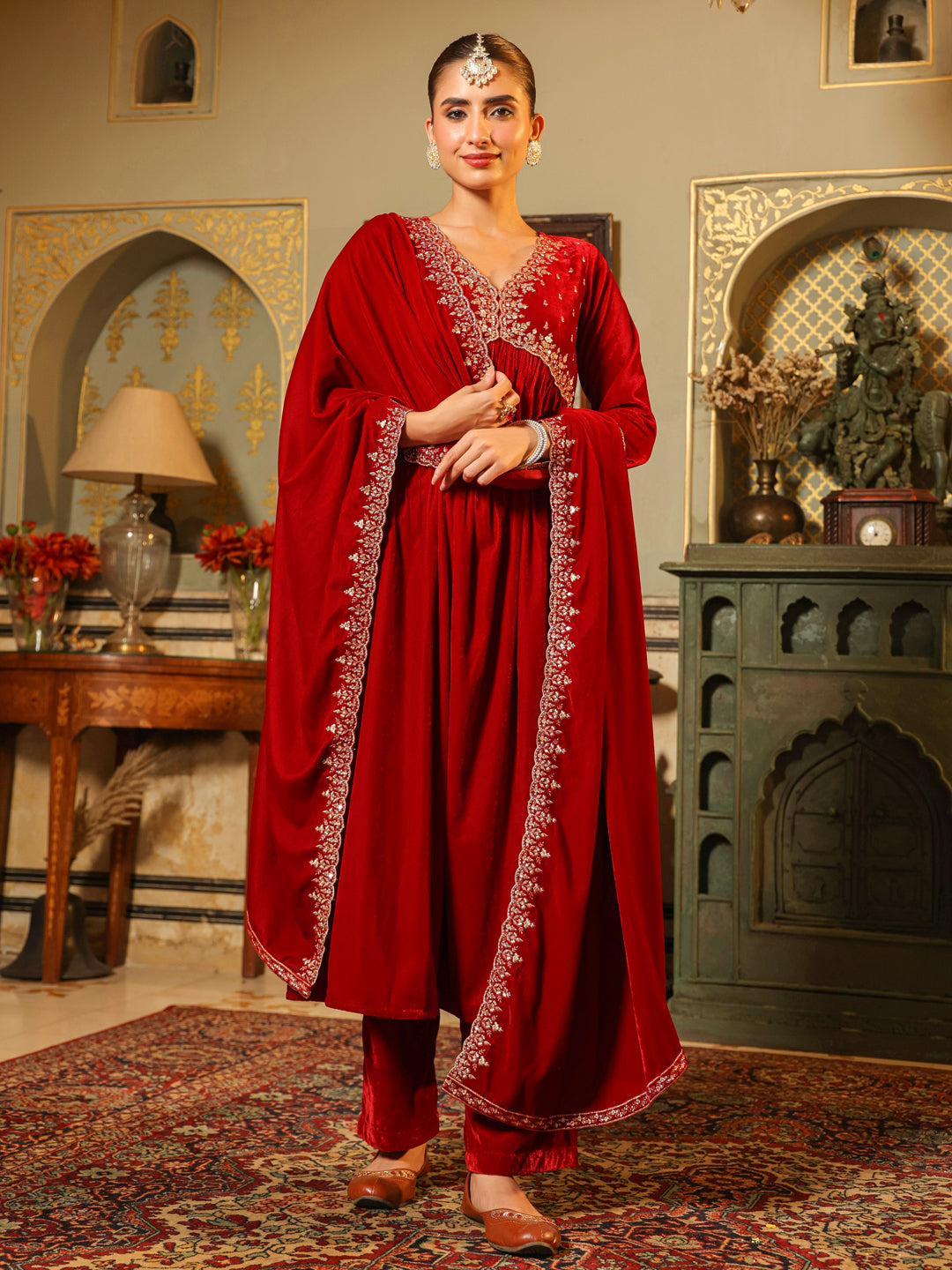 Red Velvet Zari Embroidered A-Line Kurta with Pant & Dupatta Set  - By Janasya