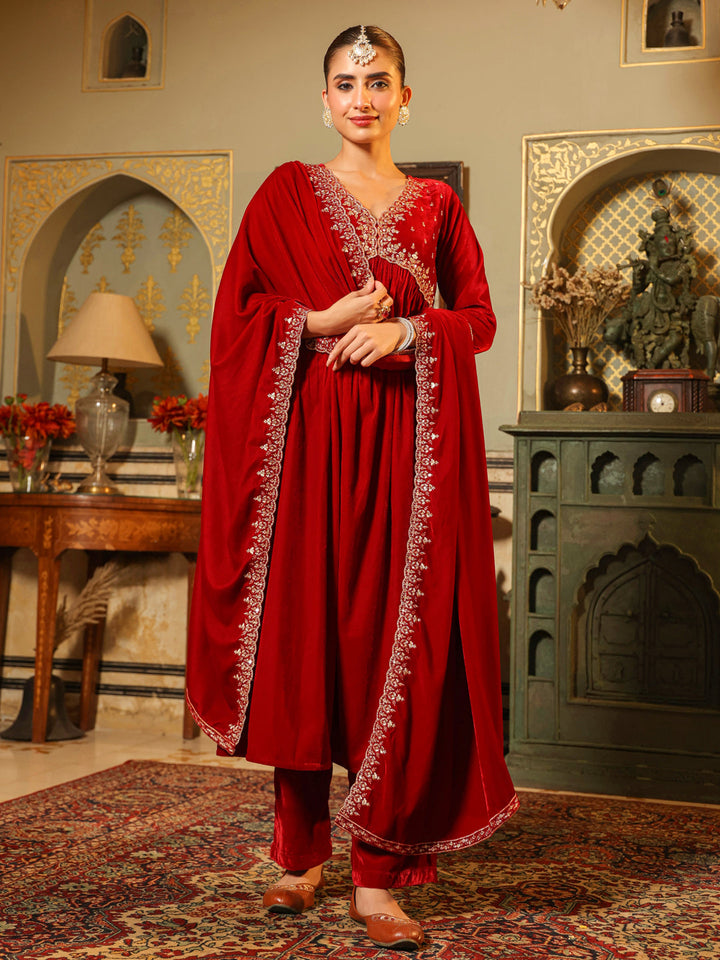 Red Velvet Zari Embroidered A-Line Kurta with Pant & Dupatta Set  - By Janasya