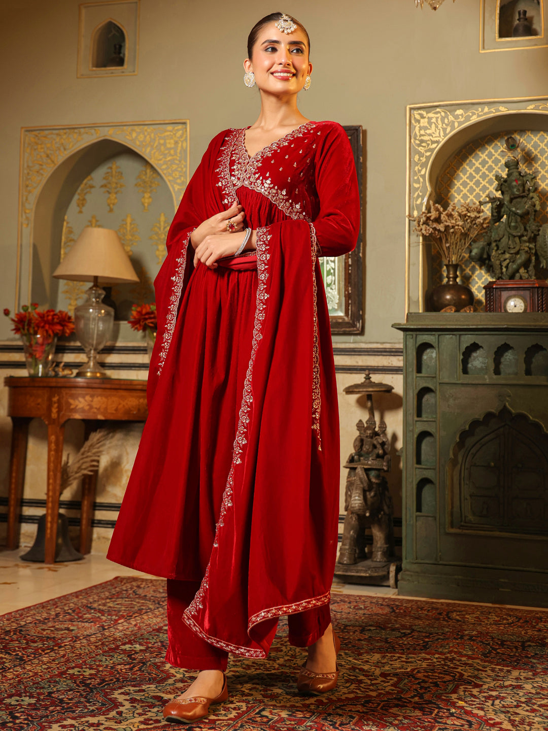 Red Velvet Zari Embroidered A-Line Kurta with Pant & Dupatta Set  - By Janasya