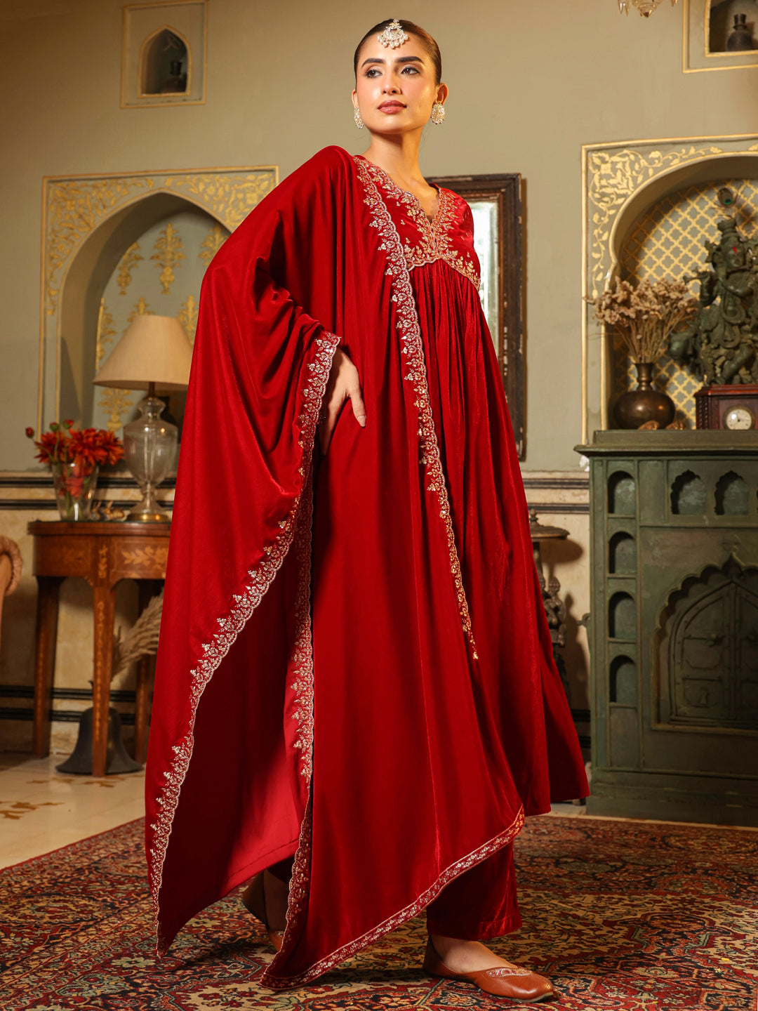 Red Velvet Zari Embroidered A-Line Kurta with Pant & Dupatta Set  - By Janasya