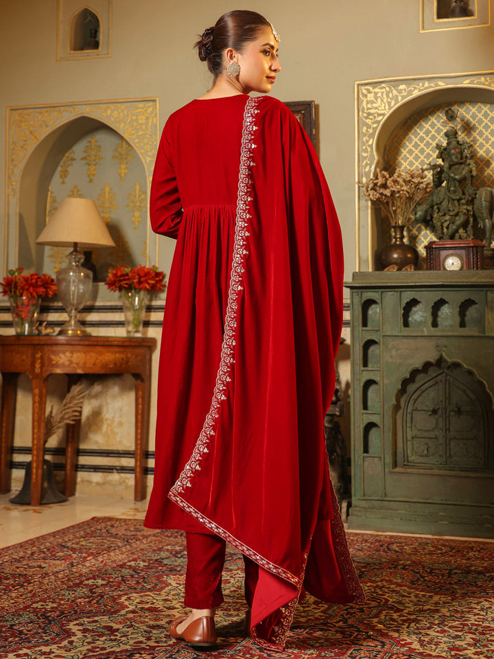 Red Velvet Zari Embroidered A-Line Kurta with Pant & Dupatta Set  - By Janasya