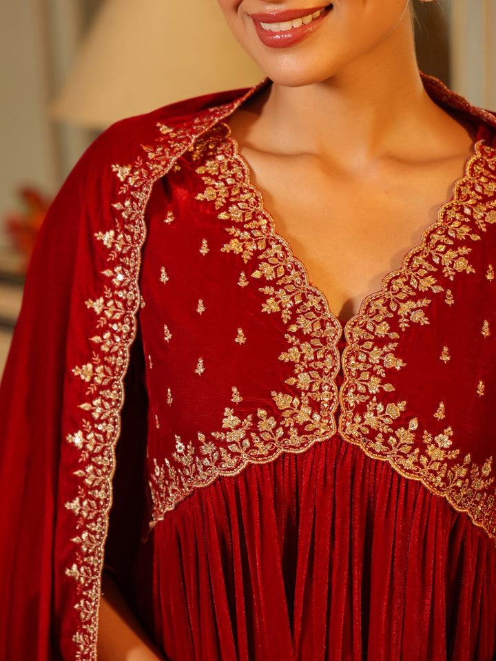 Red Velvet Zari Embroidered A-Line Kurta with Pant & Dupatta Set  - By Janasya