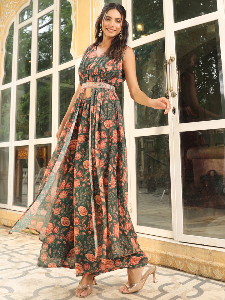 Green Georgette Floral Printed Front Slit A-Line Palazzo Set  - By Janasya