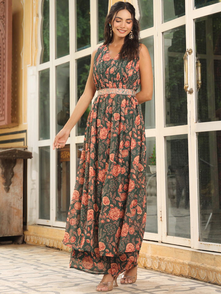 Green Georgette Floral Printed Front Slit A-Line Palazzo Set  - By Janasya