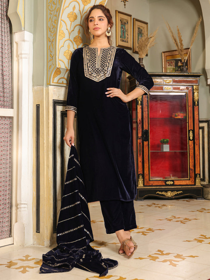 Navy Blue Velvet Zari Embroidered Straight Kurta Set on hanger