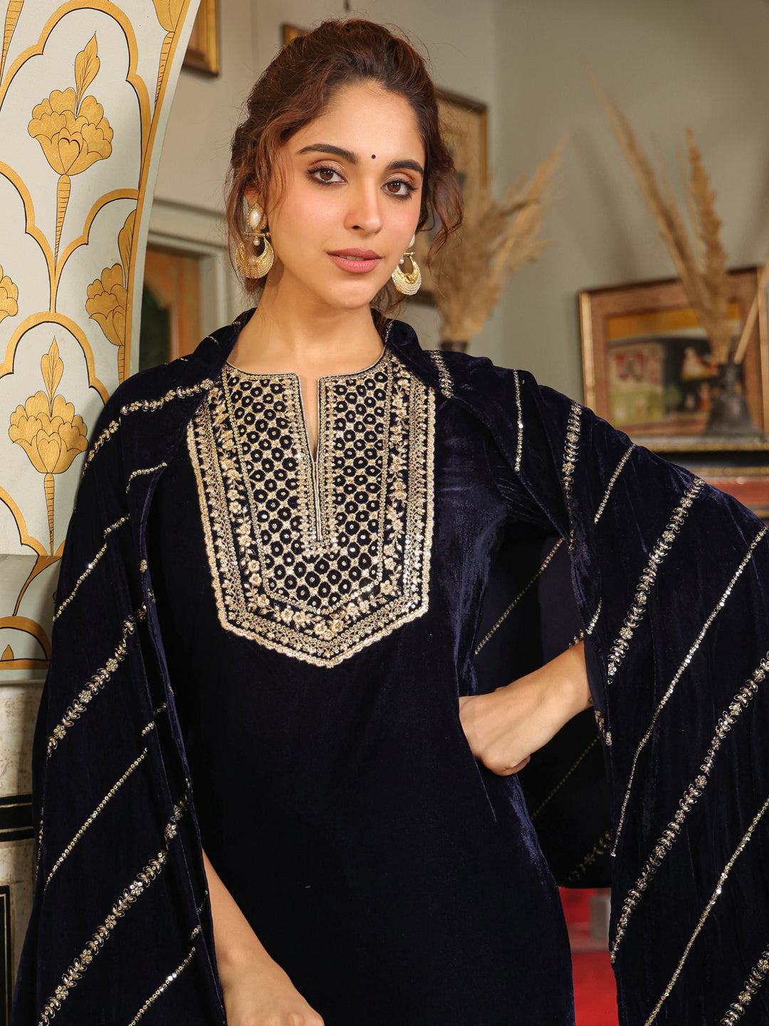 Navy Blue Velvet Zari Embroidered Straight Kurta Set  - By Janasya