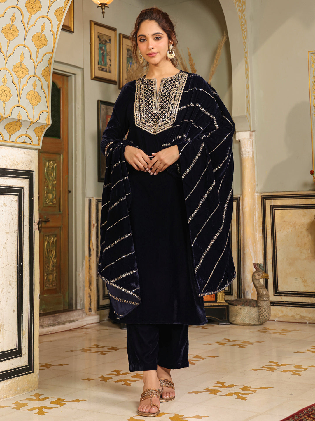 Navy Blue Velvet Zari Embroidered Straight Kurta Set  - By Janasya