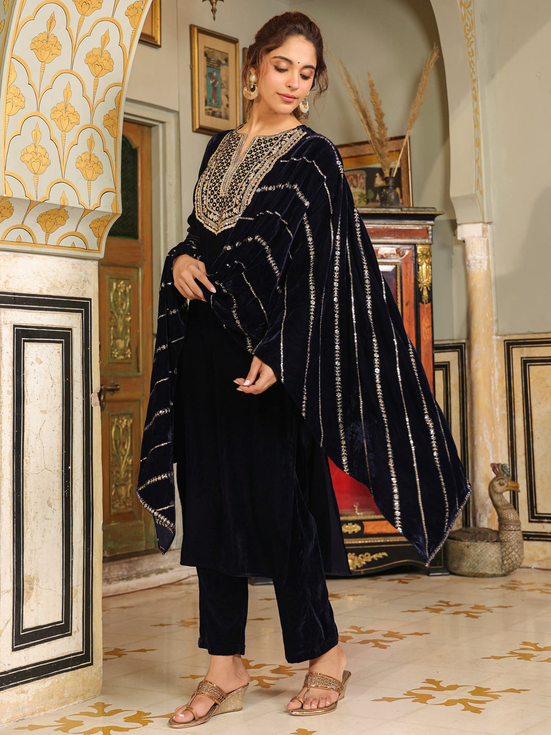 Navy Blue Velvet Zari Embroidered Straight Kurta Set  - By Janasya