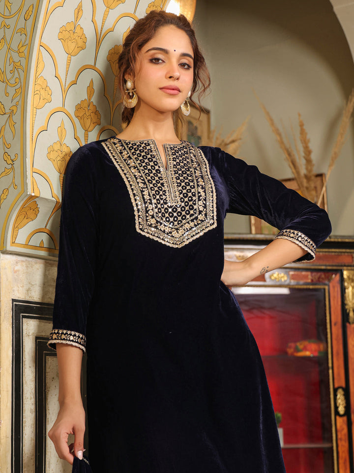 Navy Blue Velvet Zari Embroidered Straight Kurta Set  - By Janasya