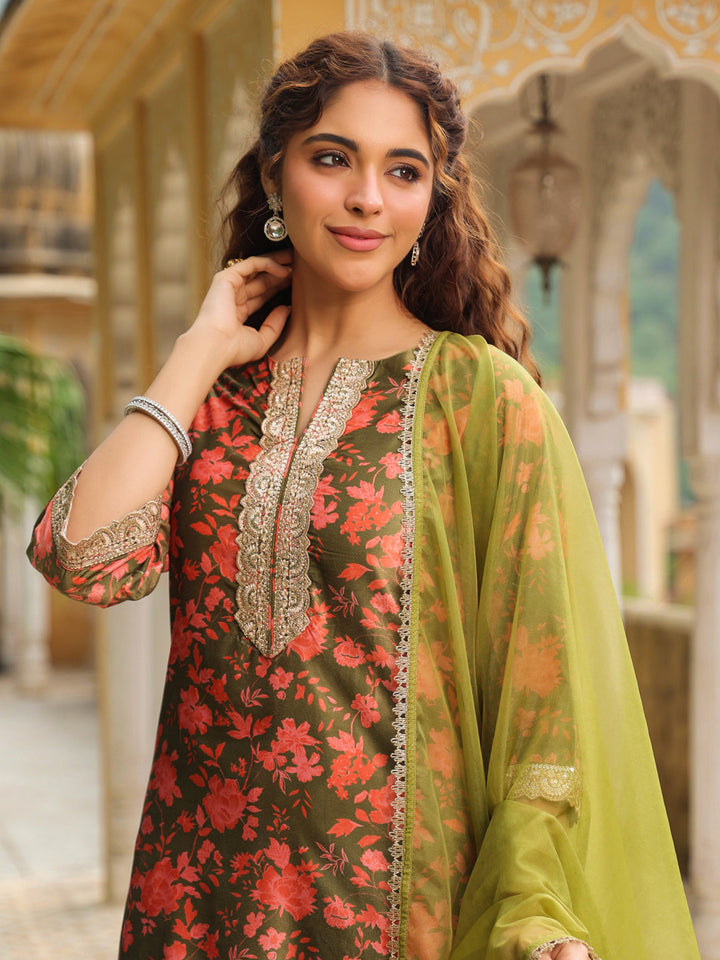 Olive Green Velvet Floral Printed Salwar Suit Set  - By Janasya