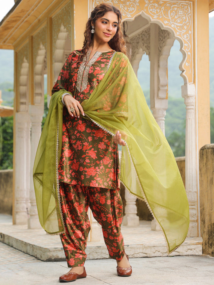 Olive Green Velvet Floral Printed Salwar Suit Set  - By Janasya