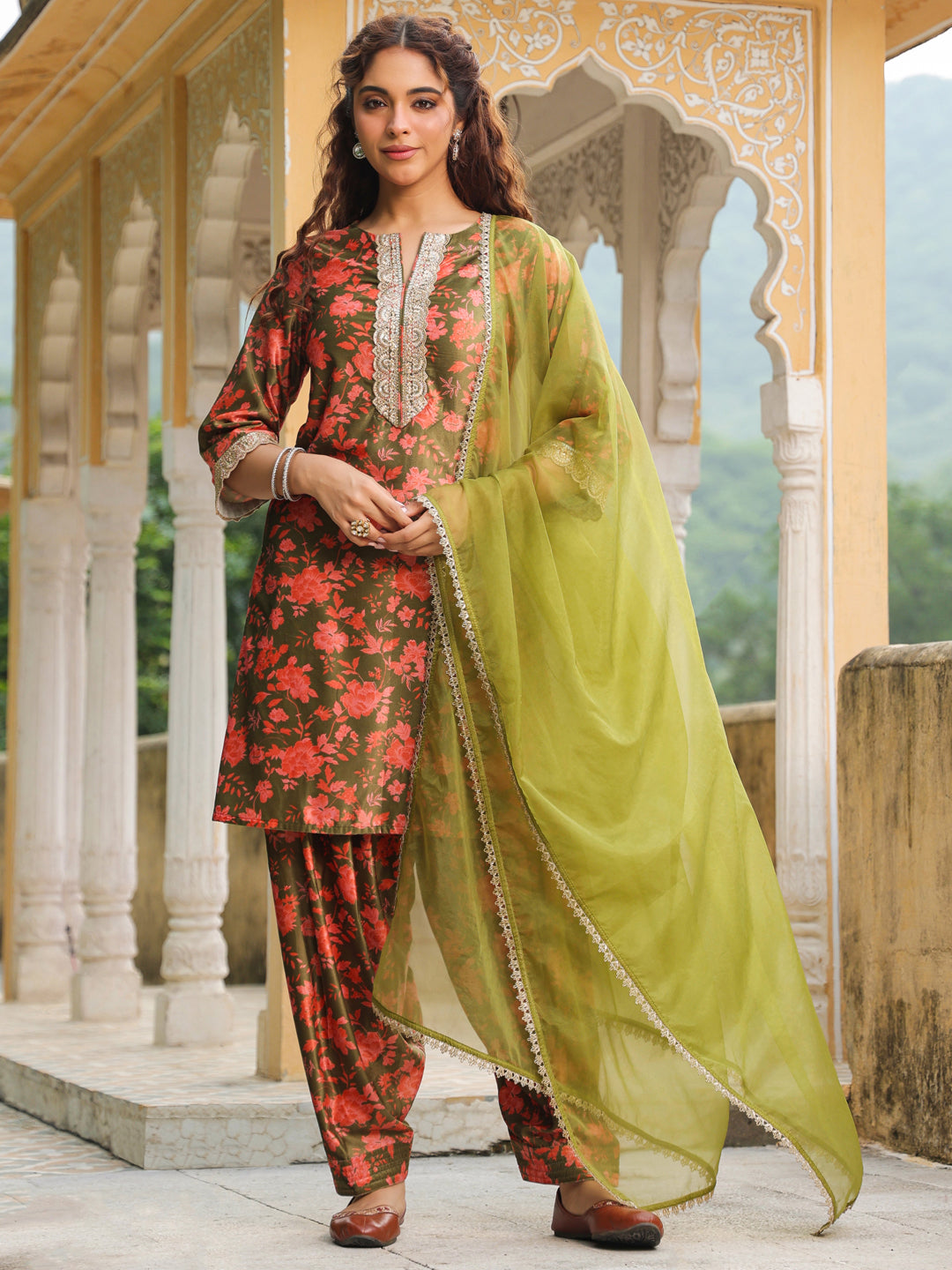 Olive Green Velvet Floral Printed Salwar Suit Set  - By Janasya