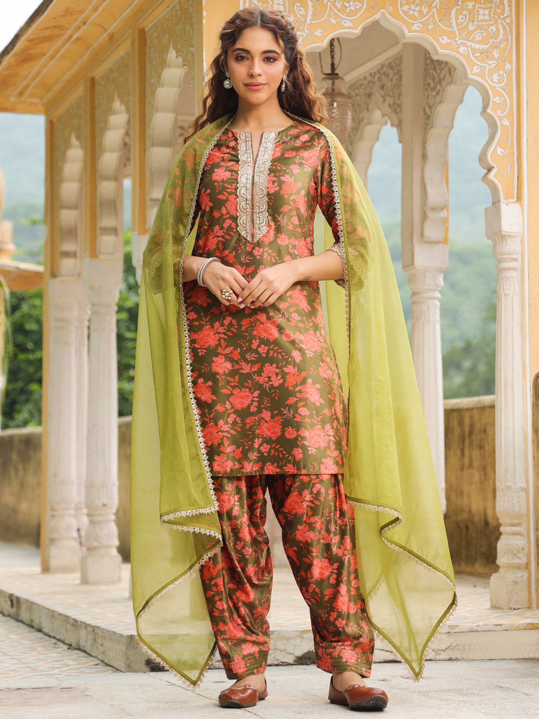 Olive Green Velvet Floral Printed Salwar Suit Set  - By Janasya