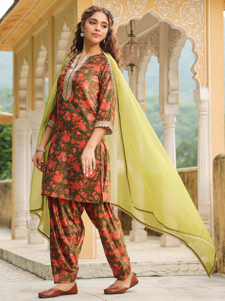 Olive Green Velvet Floral Printed Salwar Suit Set  - By Janasya