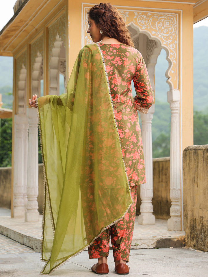 Olive Green Velvet Floral Printed Salwar Suit Set  - By Janasya