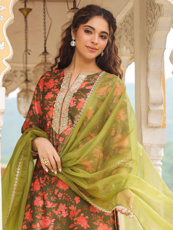 Olive Green Velvet Floral Printed Salwar Suit Set  - By Janasya