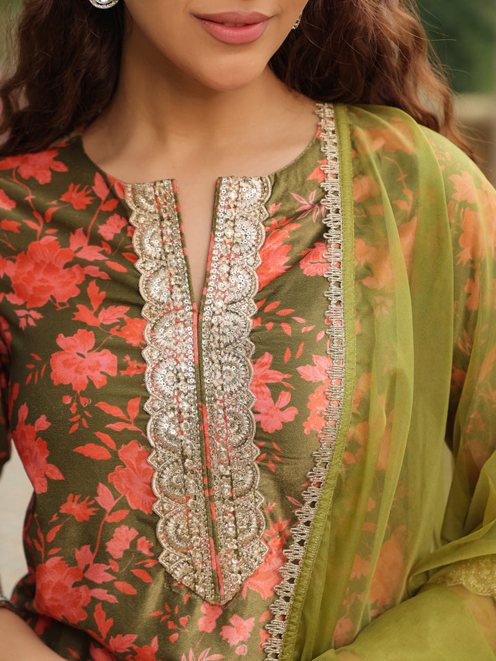 Olive Green Velvet Floral Printed Salwar Suit Set  - By Janasya