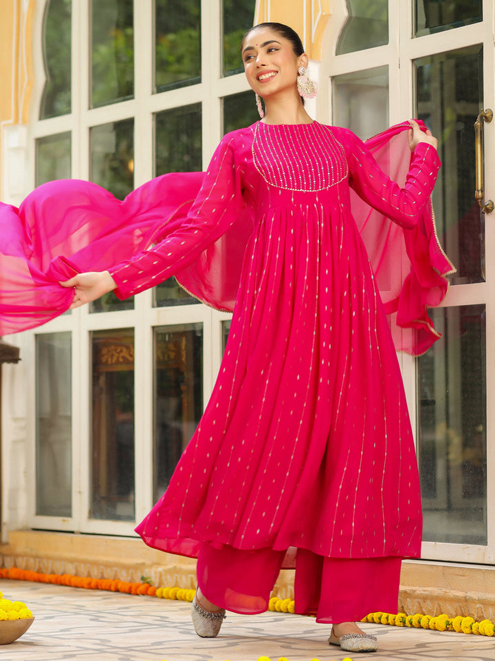 Pink Georgette Foil Printed Anarkali Kurta Set  - By Janasya