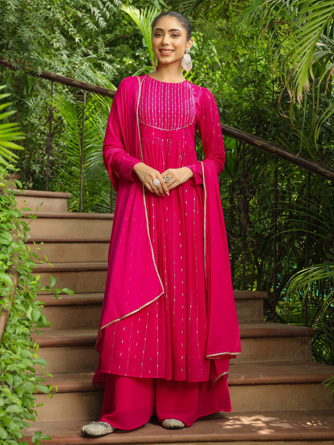 Pink Georgette Foil Printed Anarkali Kurta Set  - By Janasya