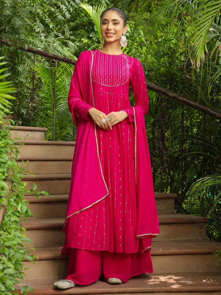 Pink Georgette Foil Printed Anarkali Kurta Set  - By Janasya