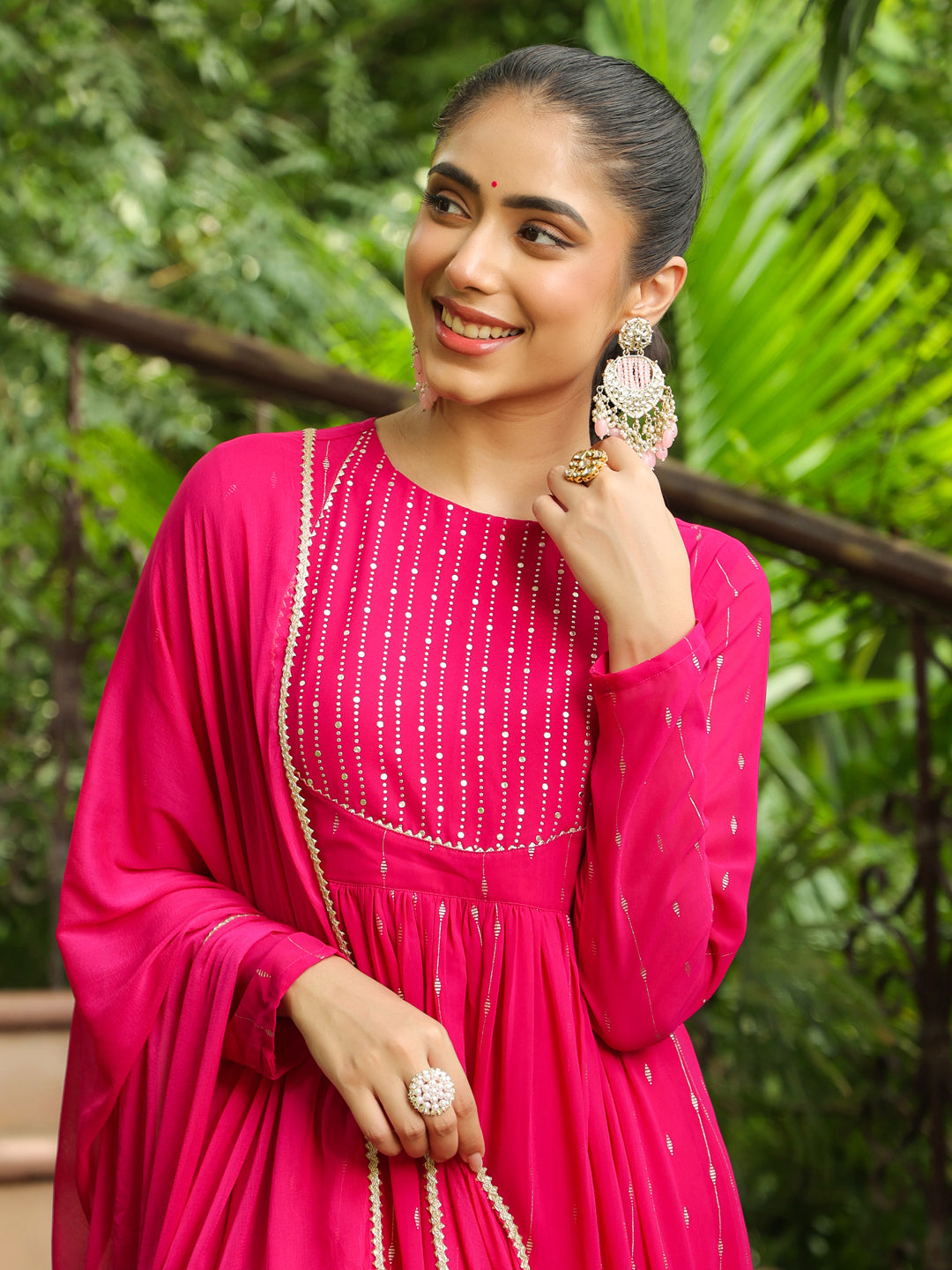 Pink Georgette Foil Printed Anarkali Kurta Set  - By Janasya