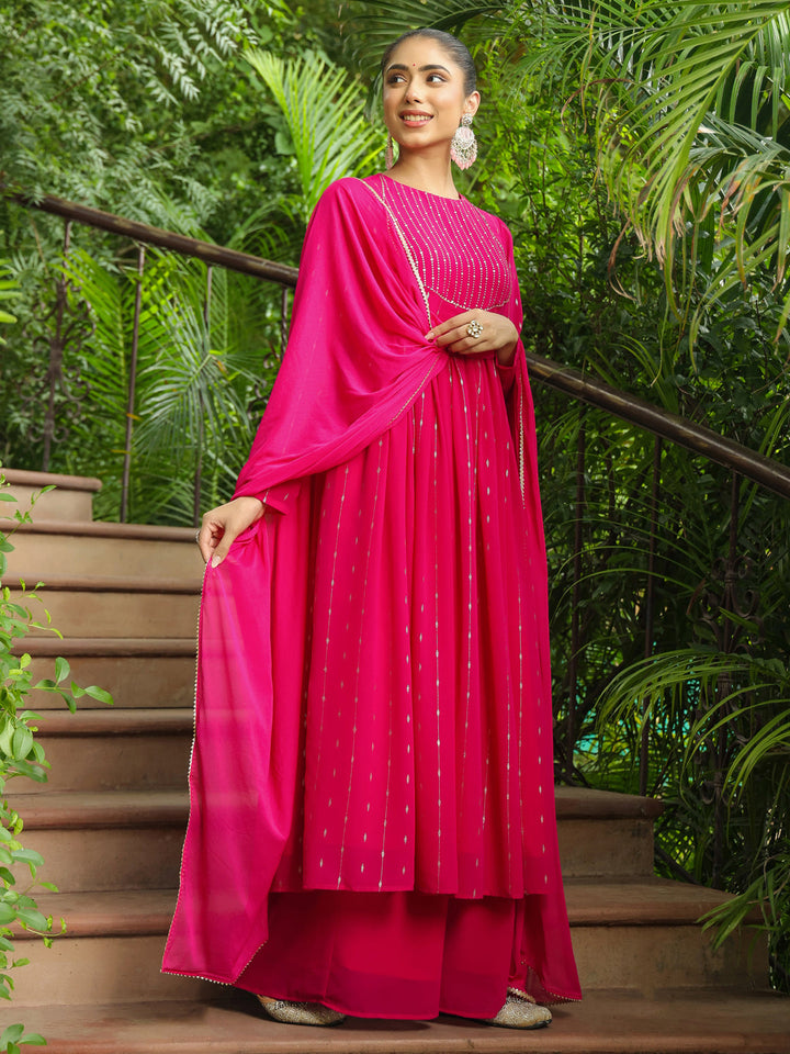 Pink Georgette Foil Printed Anarkali Kurta Set  - By Janasya