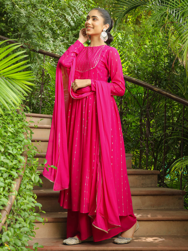 Pink Georgette Foil Printed Anarkali Kurta Set  - By Janasya