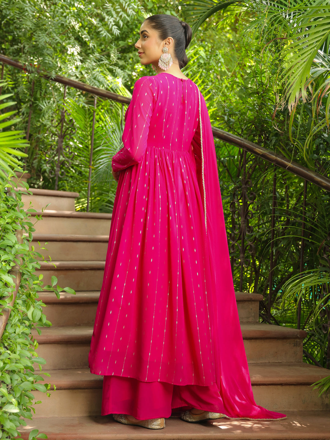 Pink Georgette Foil Printed Anarkali Kurta Set  - By Janasya