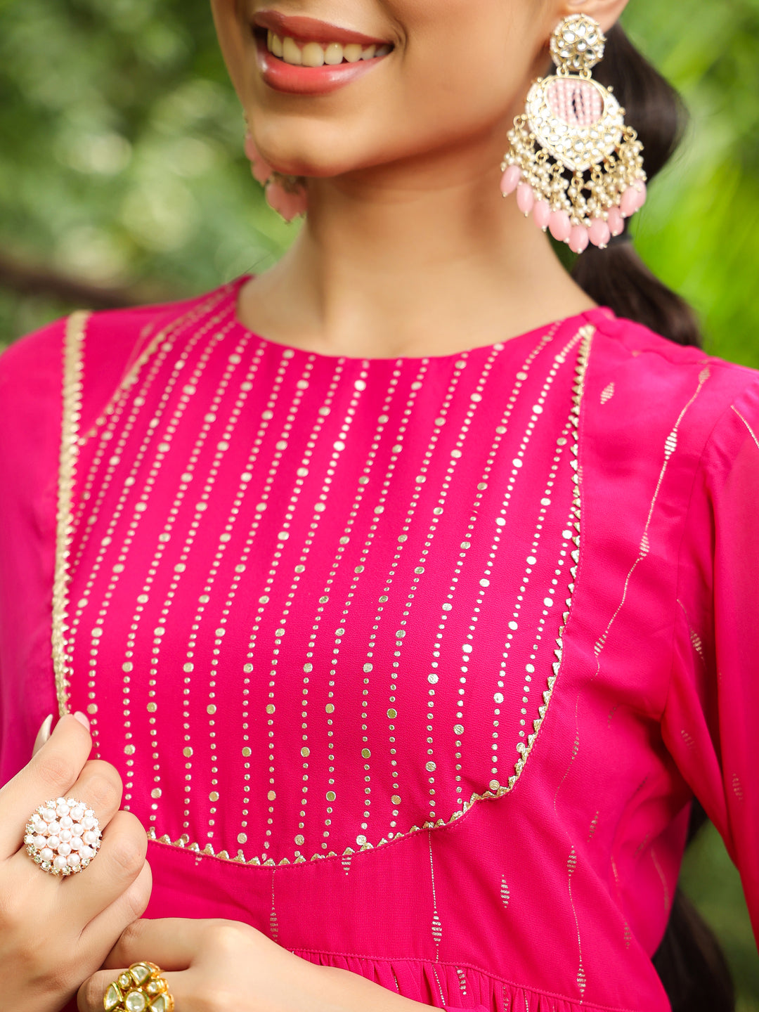 Pink Georgette Foil Printed Anarkali Kurta Set  - By Janasya