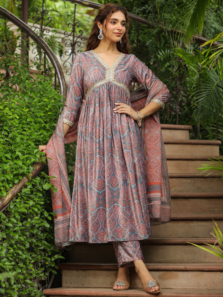 Light Blue Velvet Paisley A-Line Kurta Set  - By Janasya